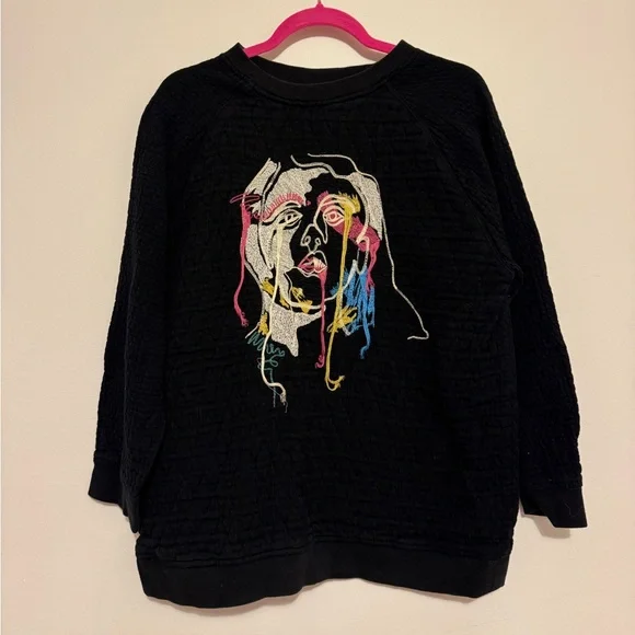 Zara Abstract Art to Wear Black Sweatshirt Embroidered Face Size Medium - Picture 2 of 8